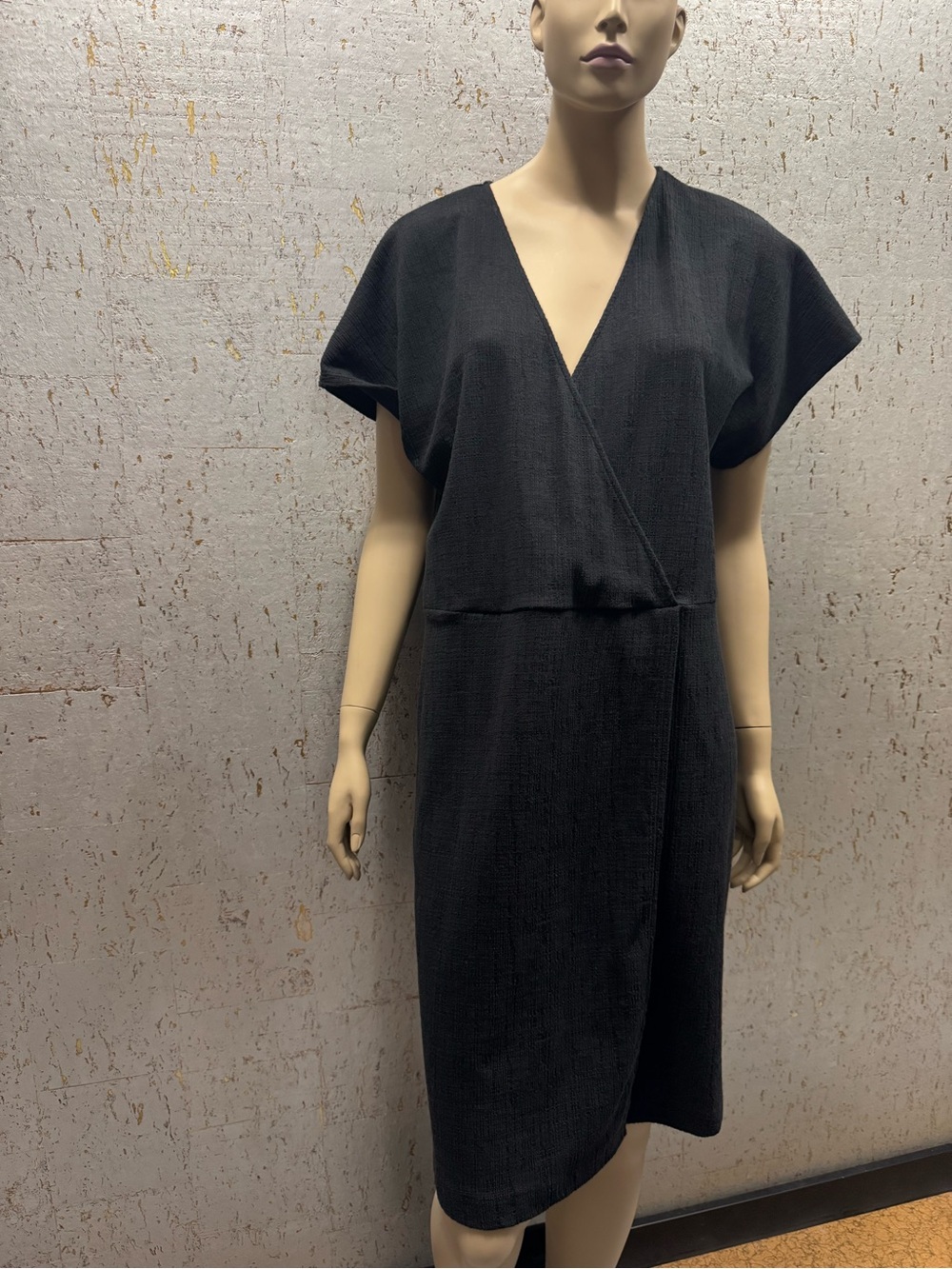 Madewell Black Textured V-Neck Midi Faux Wrap Dress